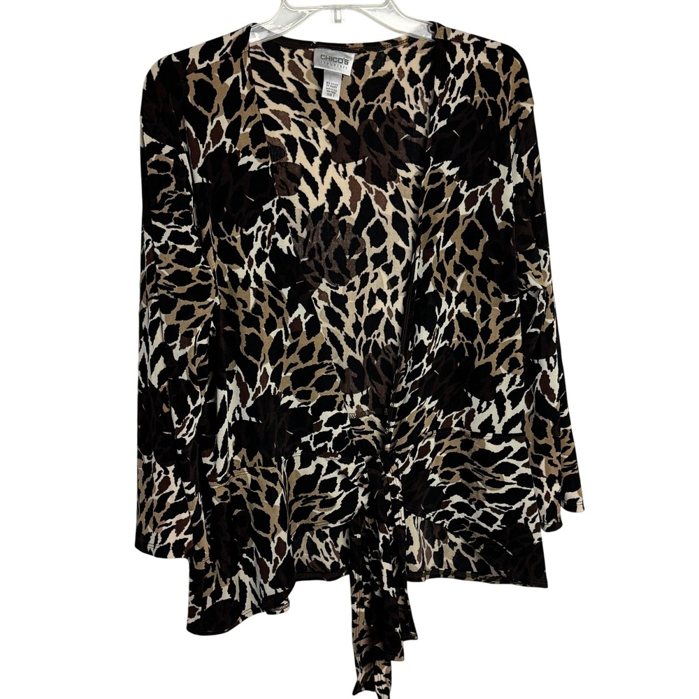 Chicos Travelers Animal Print Tie Front Cardigan Brown Black Size 3 XL